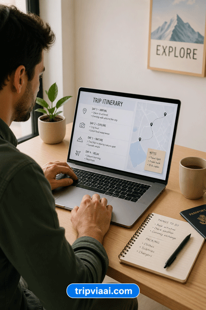 traveler planning simple itinerary on laptop