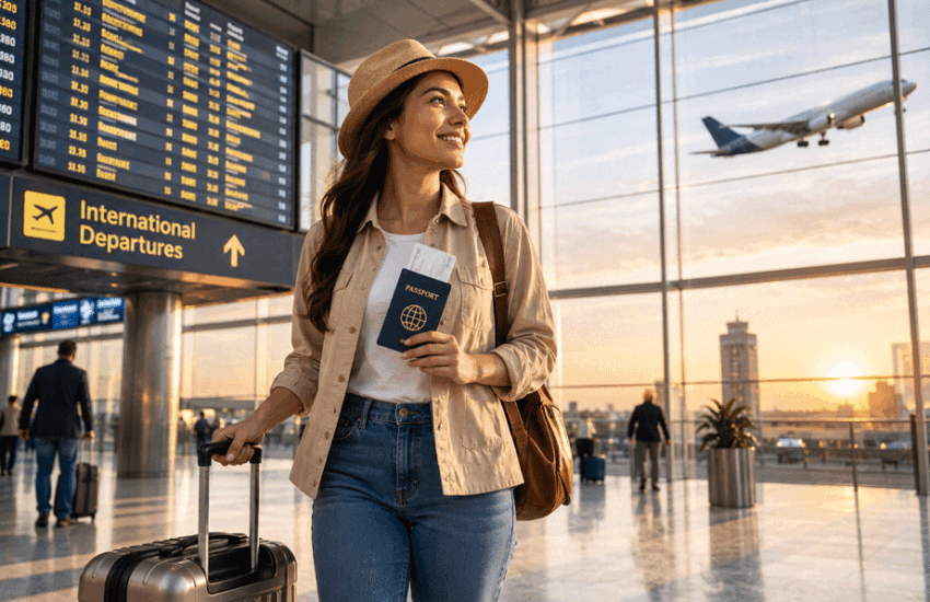 First international trip guide traveler walking confidently through an airport with passport and luggage