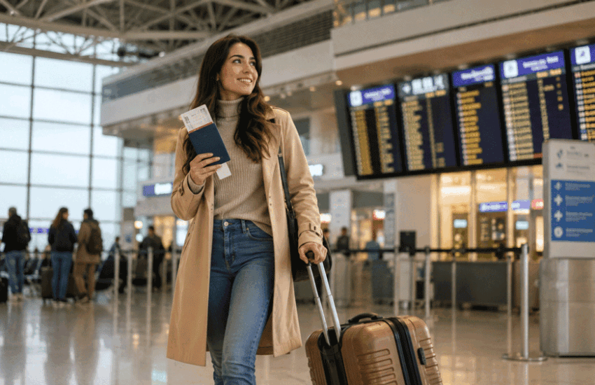 Airport guide for first-time travelers navigating a modern international airport terminal before departure
