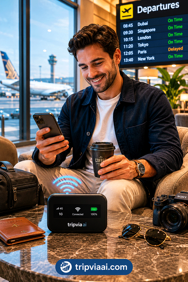 Airport lounge with travel tech gear