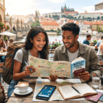 Beginner using budget travel guide to plan affordable trip