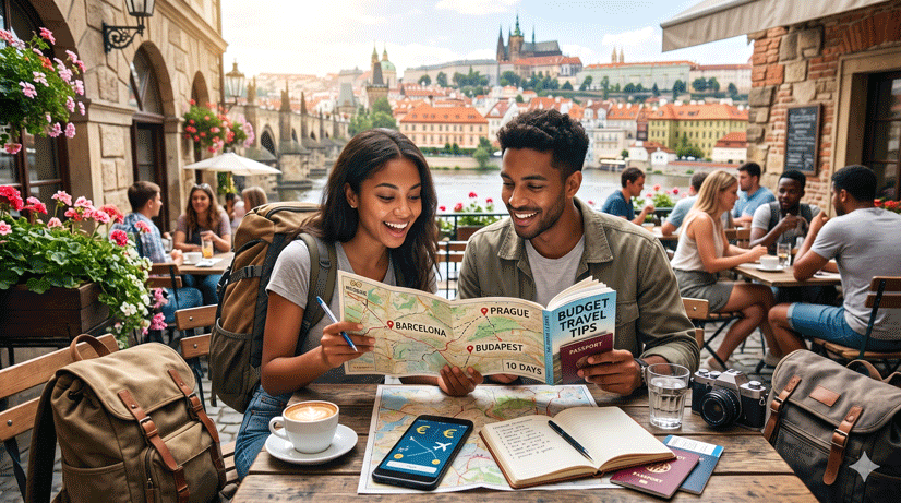 Beginner using budget travel guide to plan affordable trip