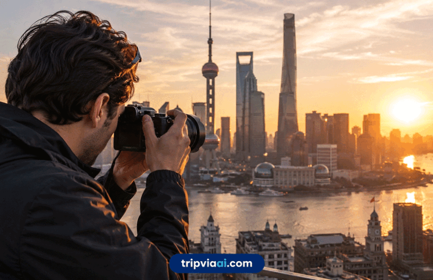 Luxury travel photographer capturing sunset city skyline with premium mirrorless camera from rooftop viewpoint during golden hour.