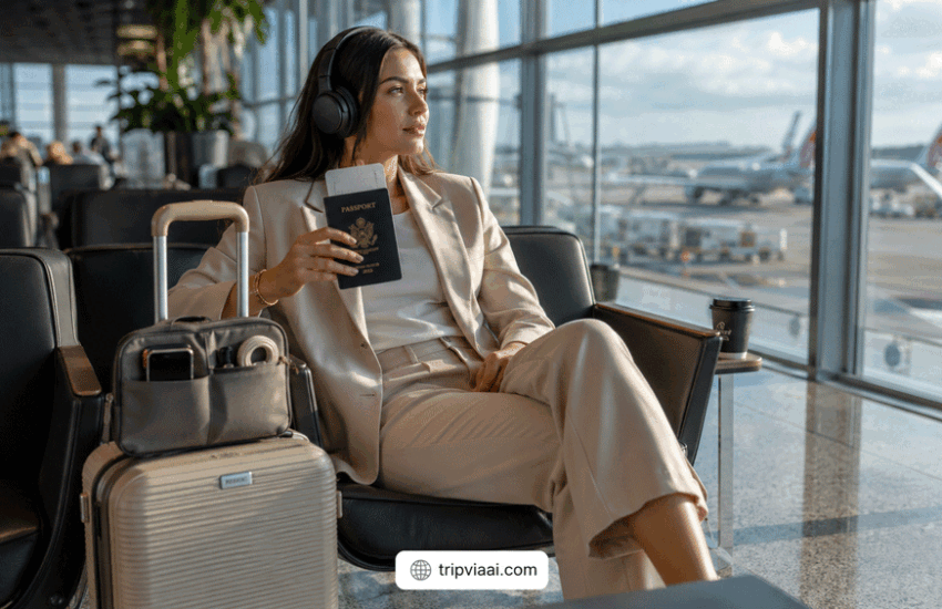 Luxury airport travel setup with premium carry-on luggage and smart travel accessories inside modern international airport for luxury travel tips
