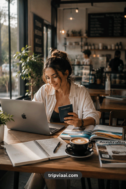 Cozy café workspace with travel vibes