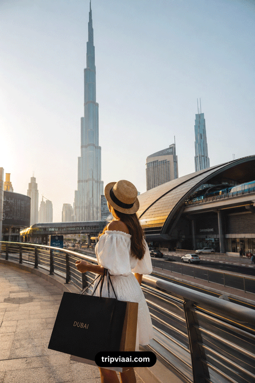 Traveler with shopping bags exploring Dubai near a metro station with Burj Khalifa skyline during golden hour.