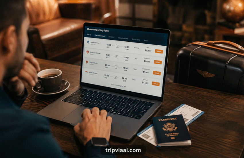 Traveler comparing airline ticket prices while following flight booking tips to save money and time on a laptop with passport, boarding pass, coffee, and premium luggage.