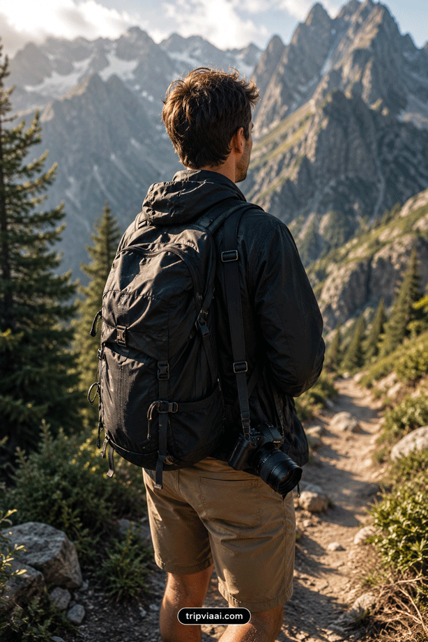 Hiker in mountain trail at sunset