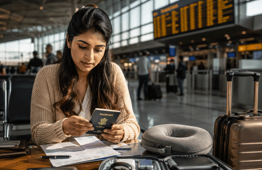 First-time international traveler organizing passport, visa documents, boarding pass, and premium luggage inside a modern airport terminal before departure