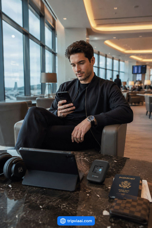 Modern Traveler Using Portable WiFi Device