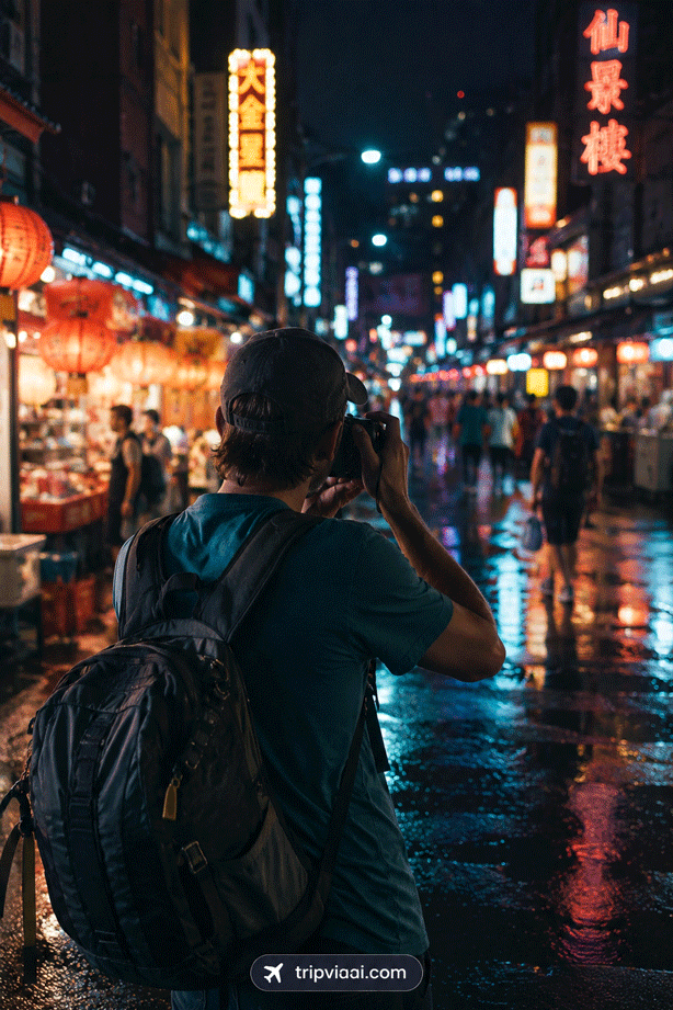 Neon-lit night market photographer perspective