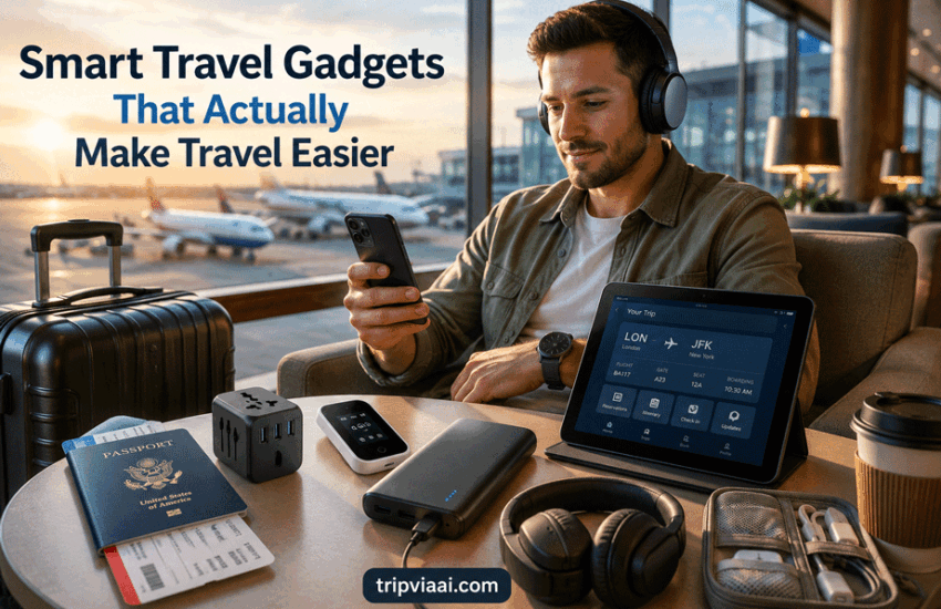 Smart Travel Gadgets That Actually Make Travel Easier featured image showing modern travel technology setup