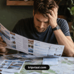 Travel itinerary mistakes causing vacation planning stress as traveler reviews an overcrowded travel schedule