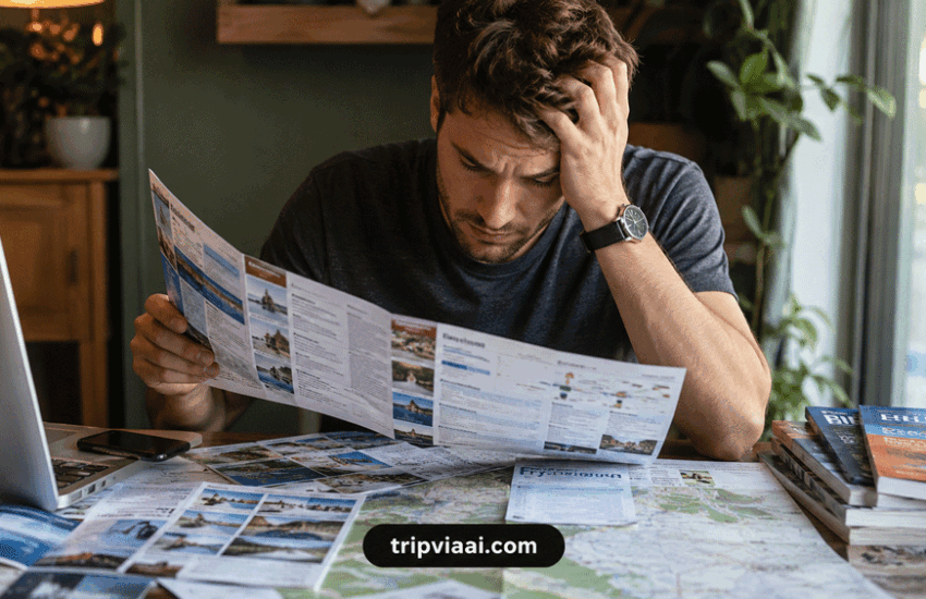 Travel itinerary mistakes causing vacation planning stress as traveler reviews an overcrowded travel schedule
