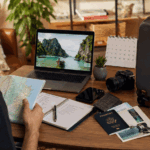 Travel Planning Timeline with traveler organizing trip documents, itinerary research, and premium luggage before departure