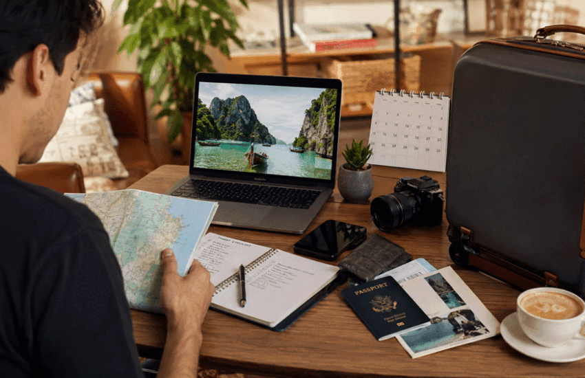 Travel Planning Timeline with traveler organizing trip documents, itinerary research, and premium luggage before departure