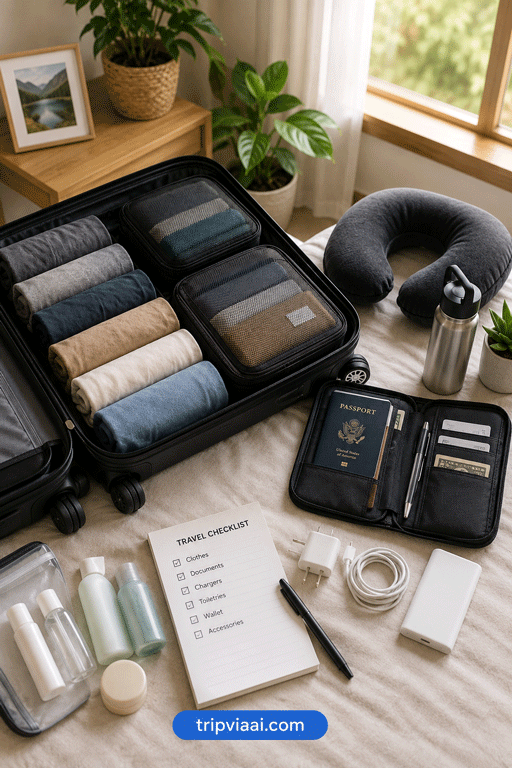 Travel essentials flat-lay setup