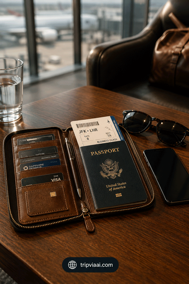 Travel essentials in luxury lounge setting