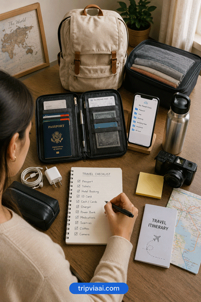 Travel planning essentials on a desk