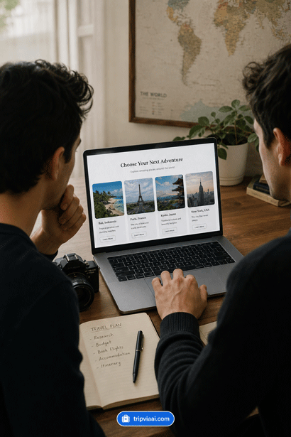 travel planning in a cozy workspace 