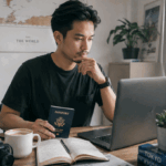 travel guide for first time travelers.Traveler planning first international trip with passport, laptop, coffee, and notebook on desk in modern minimal workspace