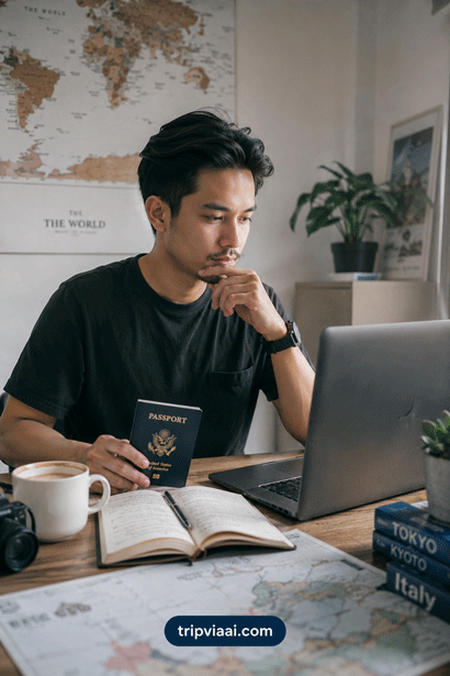 travel guide for first time travelers.Traveler planning first international trip with passport, laptop, coffee, and notebook on desk in modern minimal workspace