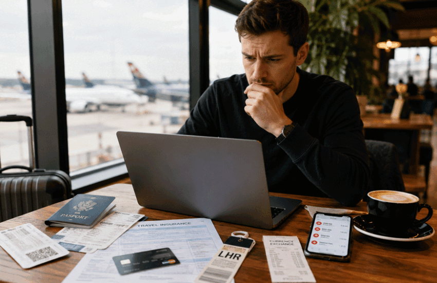 Hidden travel costs shown as a traveller reviews unexpected travel expenses, baggage fees, travel insurance, and airport costs while planning a realistic travel budget.