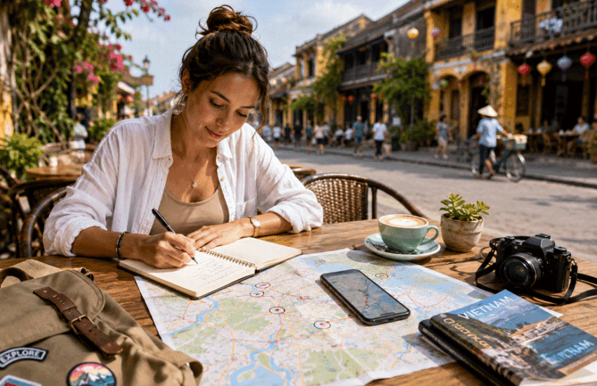 Flexible travel itinerary planning with a traveller organising maps, notebook, and smartphone at a café.