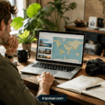 Smart travel planning for a stress-free holiday with traveller researching destinations and organising trip details