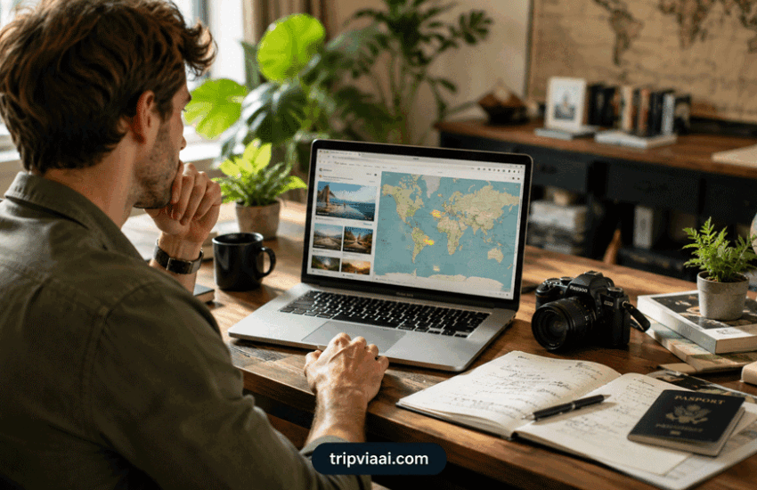 Smart travel planning for a stress-free holiday with traveller researching destinations and organising trip details