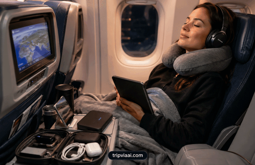 Travel Gadgets That Make Long Flights More Comfortable featured image showing a traveller relaxing with essential travel gadgets on a long flight