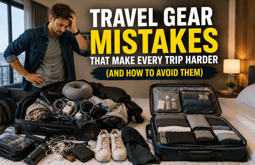 Travel gear mistakes causing overpacked luggage and disorganized travel packing setup before a trip