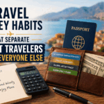 Travel money habits guide showing passport, travel wallet, cash, calculator, and budget planning essentials for smart travelers