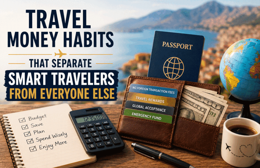 Travel money habits guide showing passport, travel wallet, cash, calculator, and budget planning essentials for smart travelers