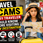 Traveler staying alert to common travel scams in a busy tourist destination before exploring a new city