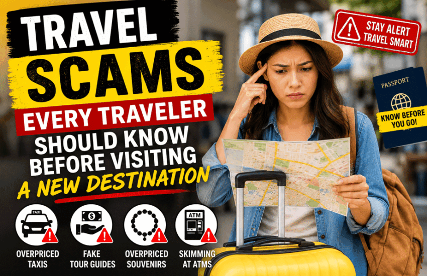 Traveler staying alert to common travel scams in a busy tourist destination before exploring a new city