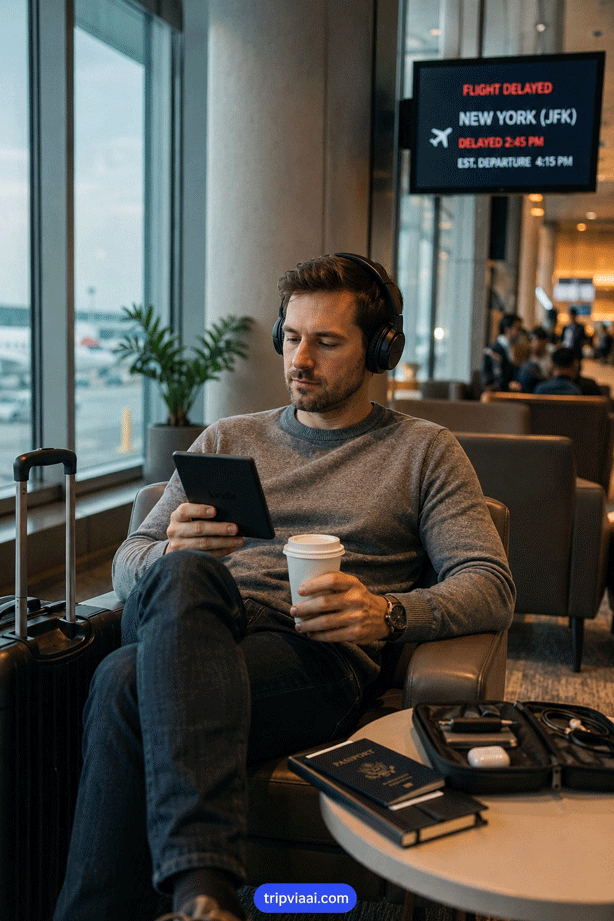 Traveler Managing Flight Delay Comfortably
