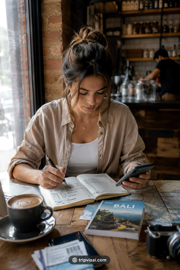 Traveller Planning the Perfect Holiday Itinerary at a Cozy Café