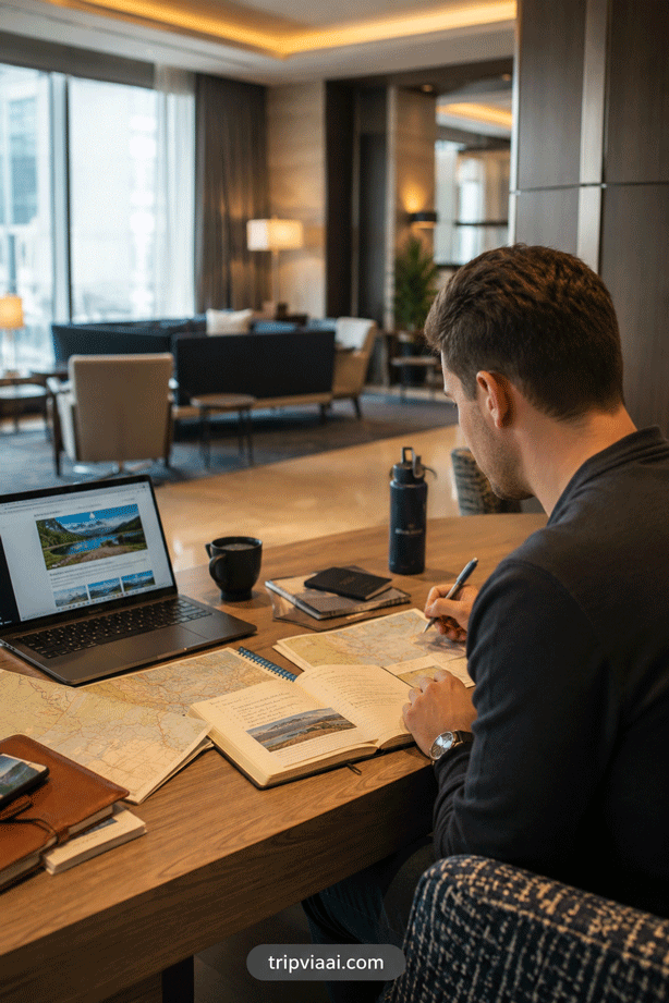 Traveller Reviewing a Travel Itinerary in a Modern Hotel Lounge