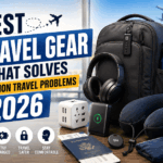Best travel gear that solves common travel problems in 2026, featuring a travel backpack, power bank, universal travel adapter, noise-cancelling headphones, neck pillow, passport, and travel accessories at an airport.