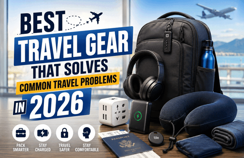 Best travel gear that solves common travel problems in 2026, featuring a travel backpack, power bank, universal travel adapter, noise-cancelling headphones, neck pillow, passport, and travel accessories at an airport.