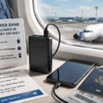 Traveler packing a power bank in a carry-on bag before a flight, explaining can you bring a power bank on a plane and airline battery rules for 2026.