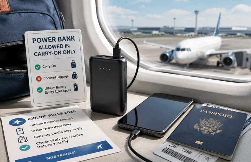 Traveler packing a power bank in a carry-on bag before a flight, explaining can you bring a power bank on a plane and airline battery rules for 2026.