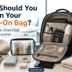 Carry on bag checklist with passport, travel documents, electronics, toiletries, and essential travel items organized inside a modern carry-on bag before departure.
