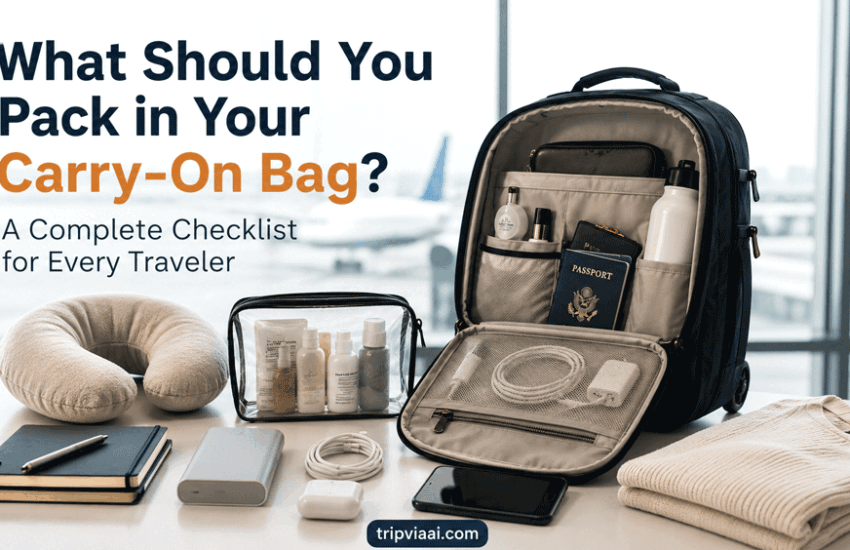 Carry on bag checklist with passport, travel documents, electronics, toiletries, and essential travel items organized inside a modern carry-on bag before departure.