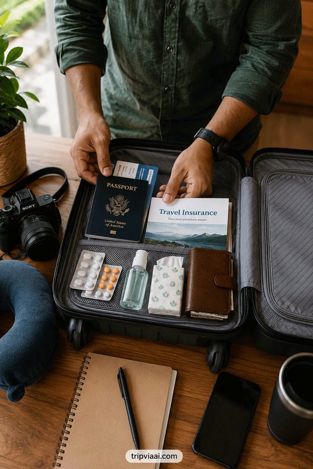 Carry on bag checklist with passport, toiletries, and travel essentials