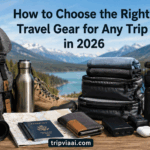 How to choose travel gear for different types of trips with a backpack, luggage, travel accessories, camera, passport, and packing essentials arranged for smart travel planning.