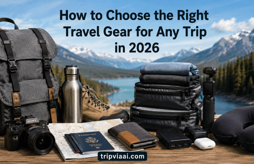 How to choose travel gear for different types of trips with a backpack, luggage, travel accessories, camera, passport, and packing essentials arranged for smart travel planning.