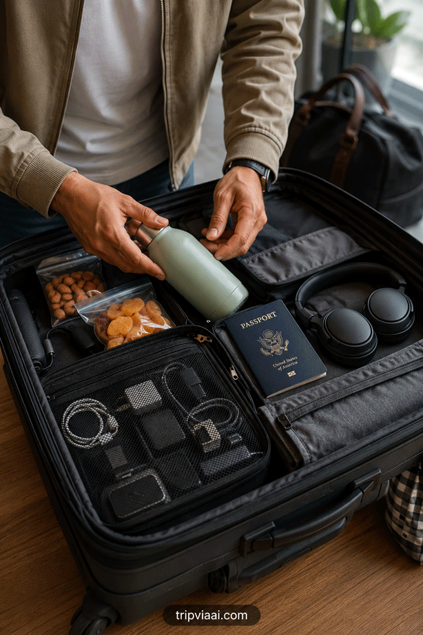 Organized Carry-On Bag With Snacks, Electronics, and Travel Accessories