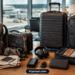 Smart travel gear upgrades featuring premium luggage, travel backpack, packing cubes, travel wallet, headphones and modern travel accessories at an airport.